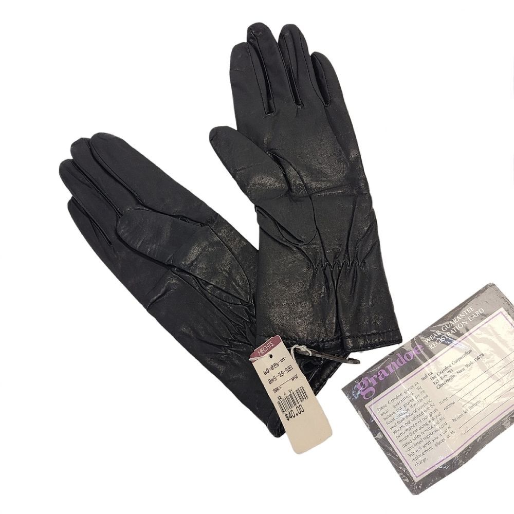 NWT Vintage Grandoe Womens Black Leather Gloves L